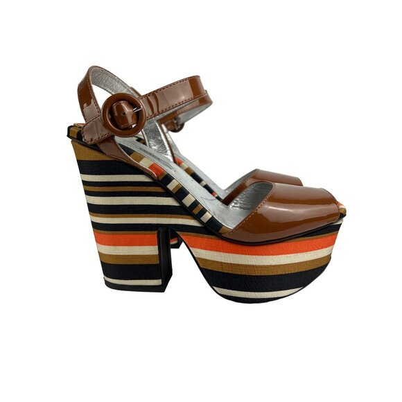 Prada Patent Striped Wedge Sandal, Cognac size 8.5 - Picture 9 of 16